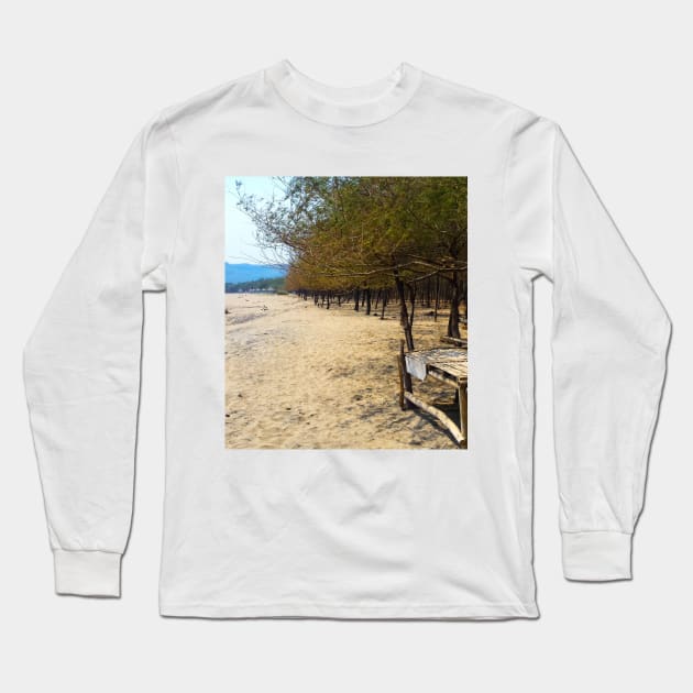 White sand beach with pine trees and selfmade bamboo bench Long Sleeve T-Shirt by kall3bu